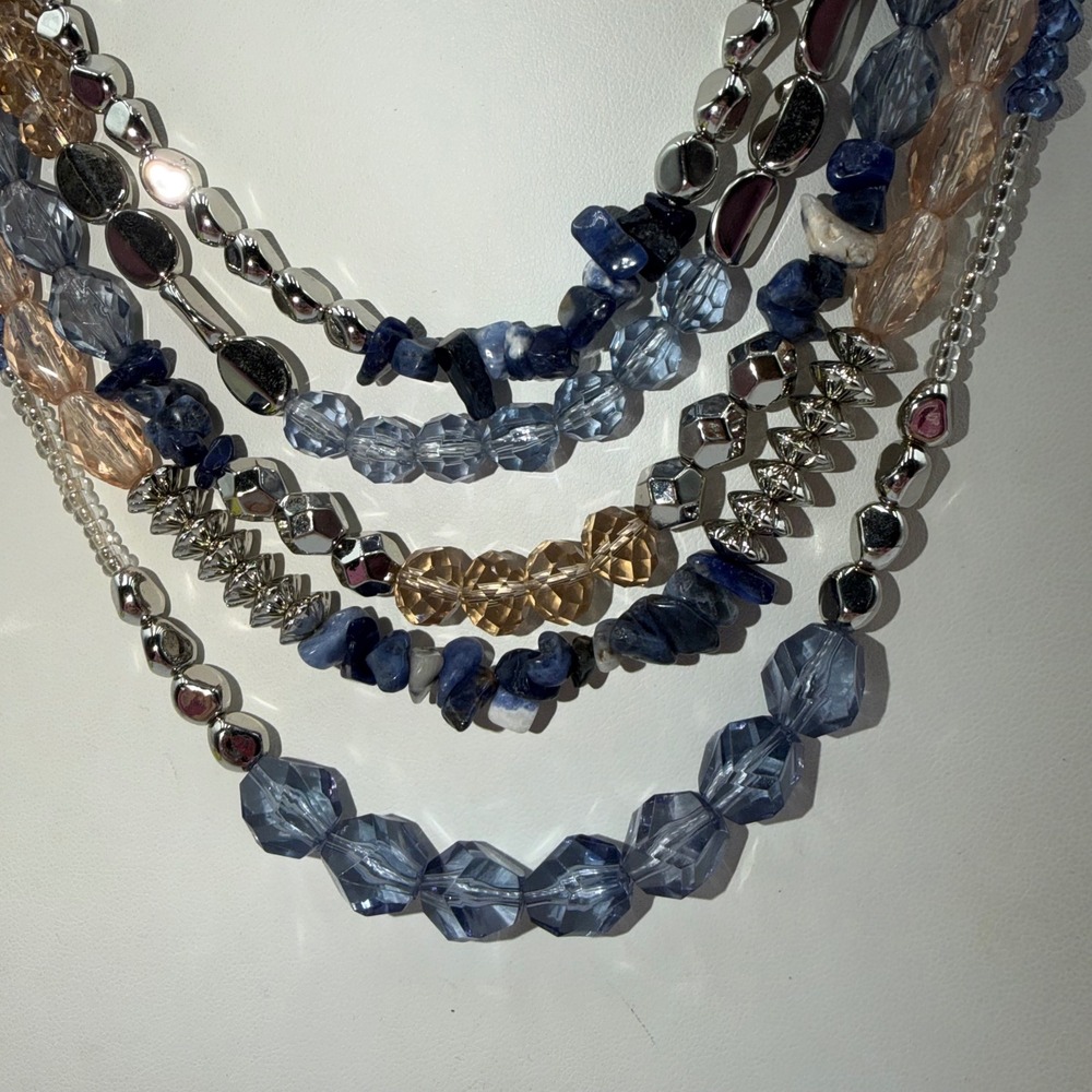 Multi Strand Beaded Statement Necklace Blue Peach Silver Tone